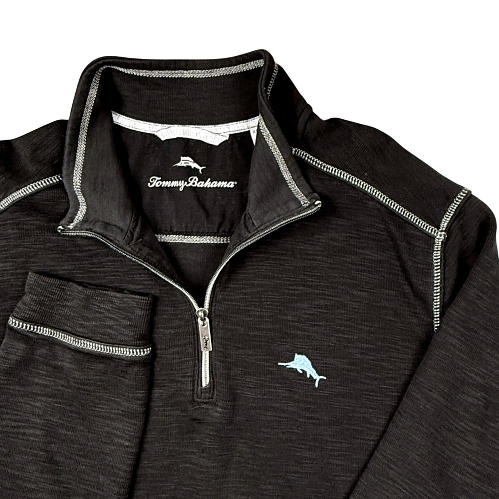 Tommy Bahama Flipside Abaco Quarter Zip Pullover Charcoal Black Slub Mens XLT